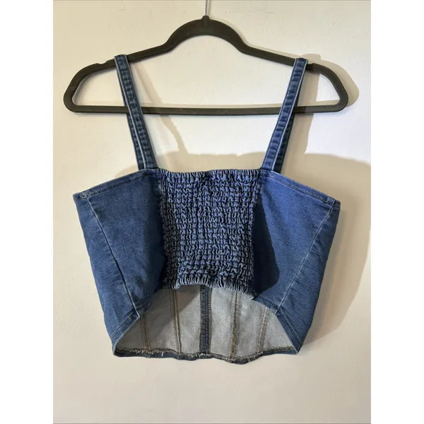 No Boundaries Womens Denim Bustier Crop Top‎ Medium Wash Blue Smocked Back M 7-9 - Image 3