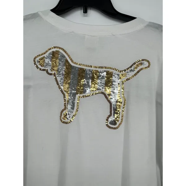 PINK - Victoria's Secret Gold Sequin Dog Campus Oversized‎ Tee Women XS White Black - Image 5