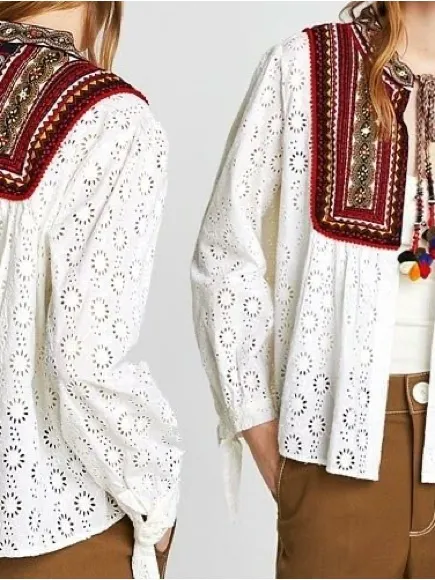Zara White Eyelet Tunic with Red Multicolor Embroidered Yoke - Image 2