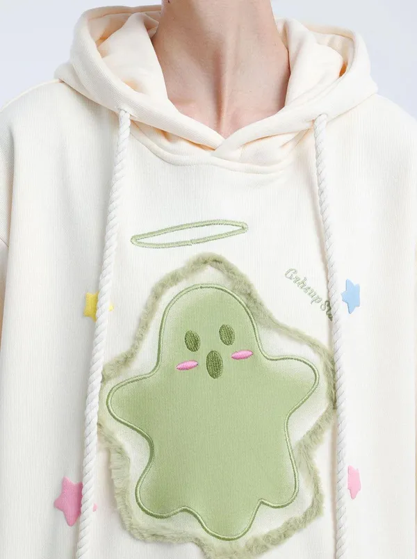 Aelfric Eden Cream Apricot Embroidery Cartoon Ghost Hoodie - Image 3