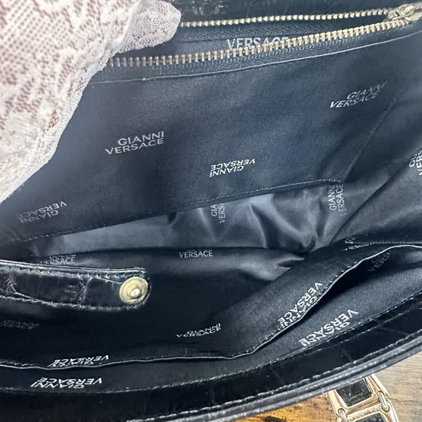 Gianni Versace Vintage Satchel Bag Womens Medium Black Crocodile Leather Gold - Image 3