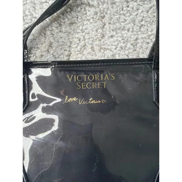 Victorias Secret Love Victoria Black Tote Bag Clear PVC V Panel Patent Trim - Image 2