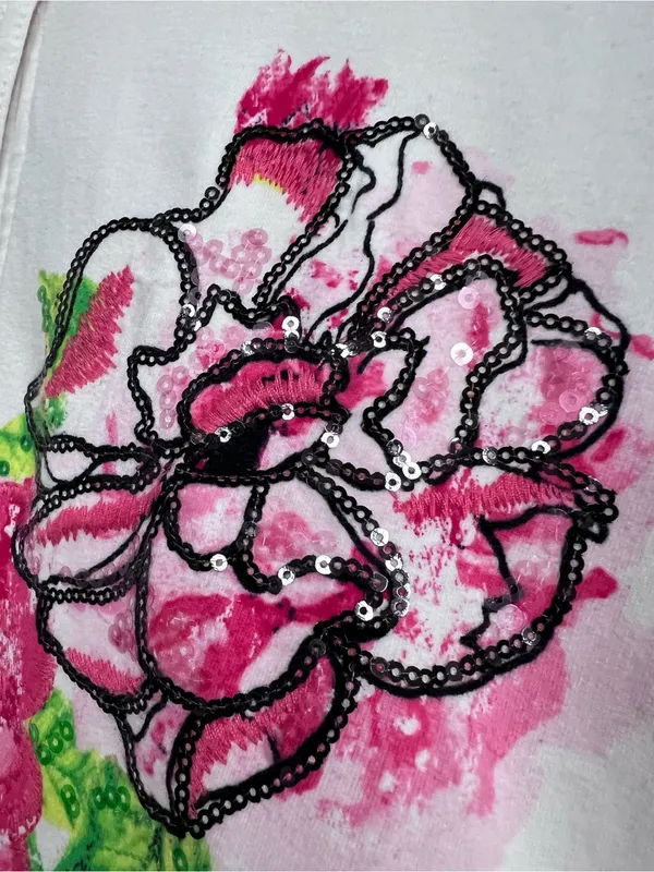 Floral sequin Button-Up Jacket White Pink & Green Flowers pockets L Stained - Image 9