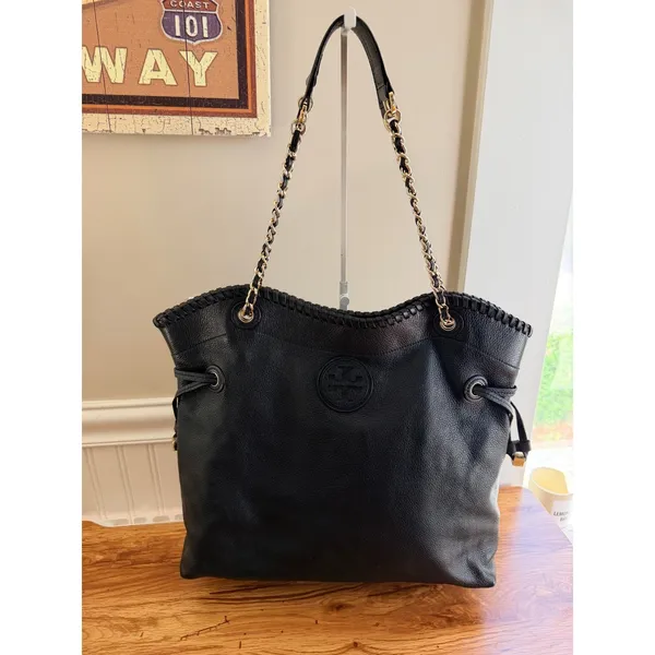 Tory Burch Marion Slouchy Whipstitch Tote Black Pebbled Leather Large - Image 3