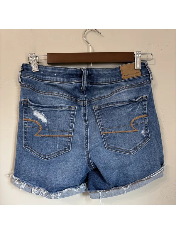 American Eagle Super Stretch Midi Denim Shorts Womens 2 Distressed Cuffed Hem - Image 2