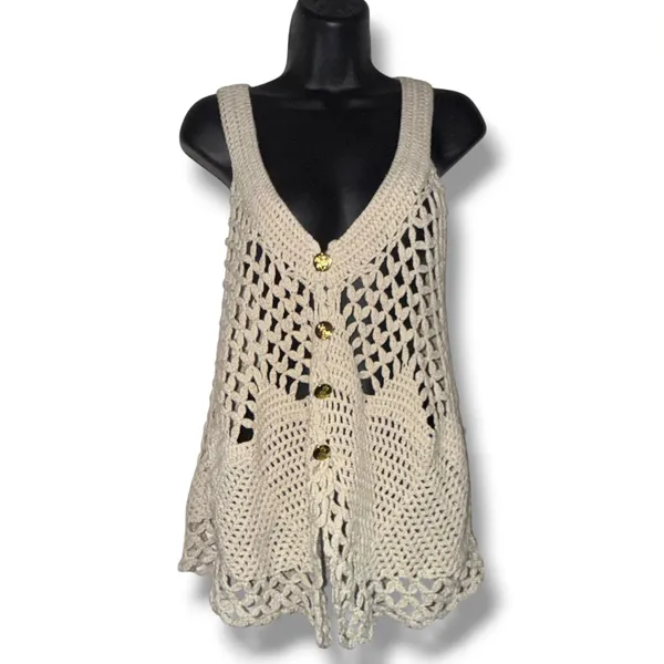 Free People open crochet knit boho buttoned vest - Image 5