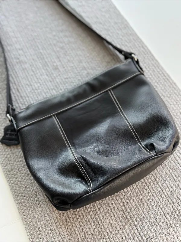 Vintage Black Leather Contrast Stitching Shoulder Bag Purse - Image 4