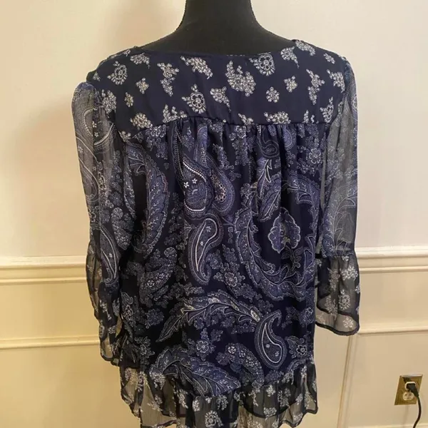 Boho Chic Blue Paisley Peasant Blouse with Tie Front Flounce Sleeve Top - Image 3