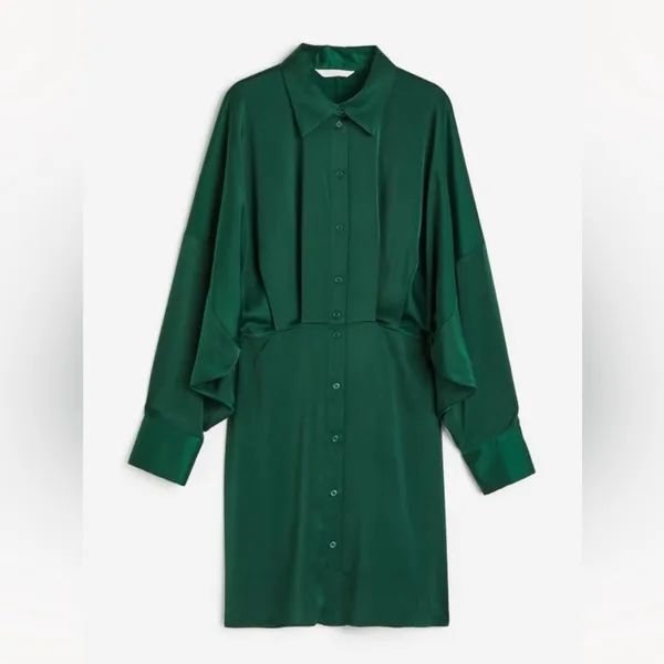 $75 NWOT H&M long sleeve emerald green satin dress L - Image 4