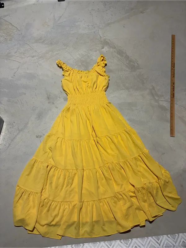 Alex Marie Bentley pebble crepe scoop neck Sleeveless Yellow Tiered Dress medium - Image 2