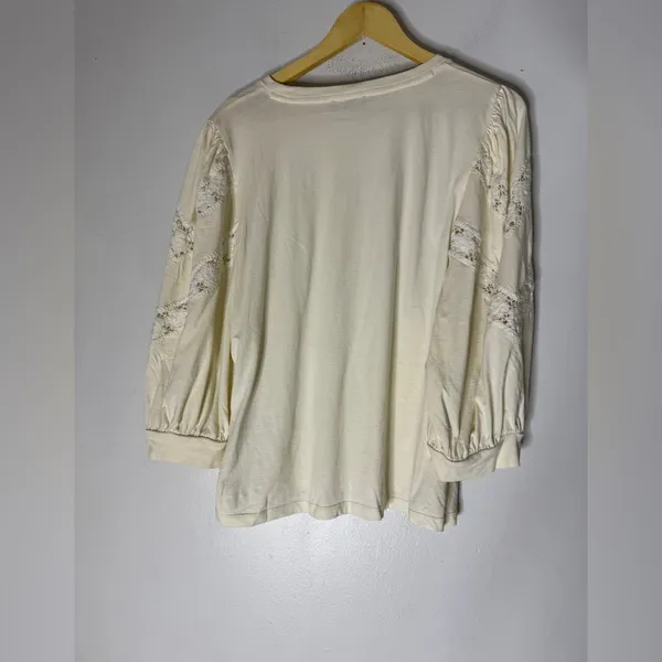 J Crew‎ Crochet Trim Puff Sleeve Long Sleeve T-shirt Cream Size XL - Image 2