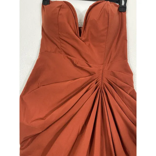 PRETTYLITTLETHING Rust Satin Strapless Ruched Side Slit Midi Dress Size 6 - Image 9