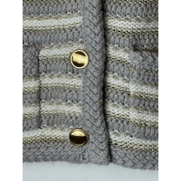 Ann Taylor Sweater Women Small‎ Petite Gray Ivory Striped Metallic Knit Cardigan - Image 7