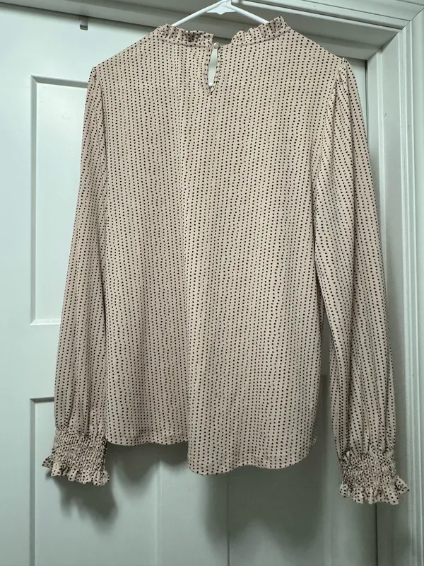 Adrianna Papell Beige Dot Ruffle Neck Long-Sleeve Blouse - Image 3