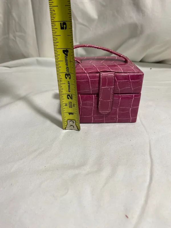 Pink Faux Croc Travel Jewelry Box Case Organizer Ring Holder Mirror Compact - Image 5