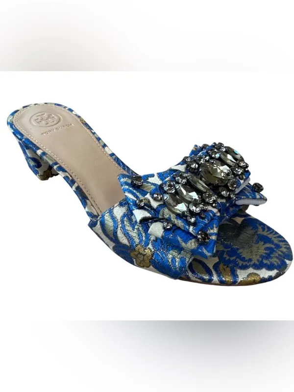 Tory Burch‎ Valentina Brocade Crystal Bow Slide Sandals Blue Gold 8 - Image 2