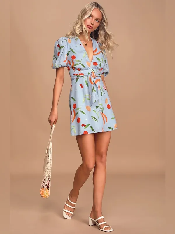 Finders Keepers Calypso Light Blue Fruit Print Puff Sleeve Mini Dress XS - Image 2