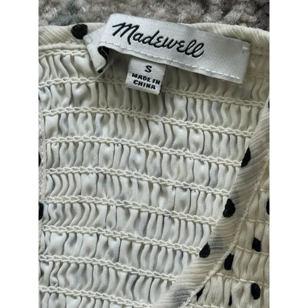Madewell Smocked Ruffle Shoulder Midi Dress Small Inkbrush‎ Dots White Black - Image 5