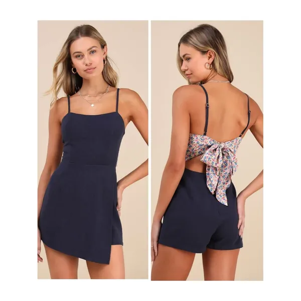 Lulus Significant Sweetie Navy Blue Tie-Back Skort Romper Size Large Linen Beach - Image 2