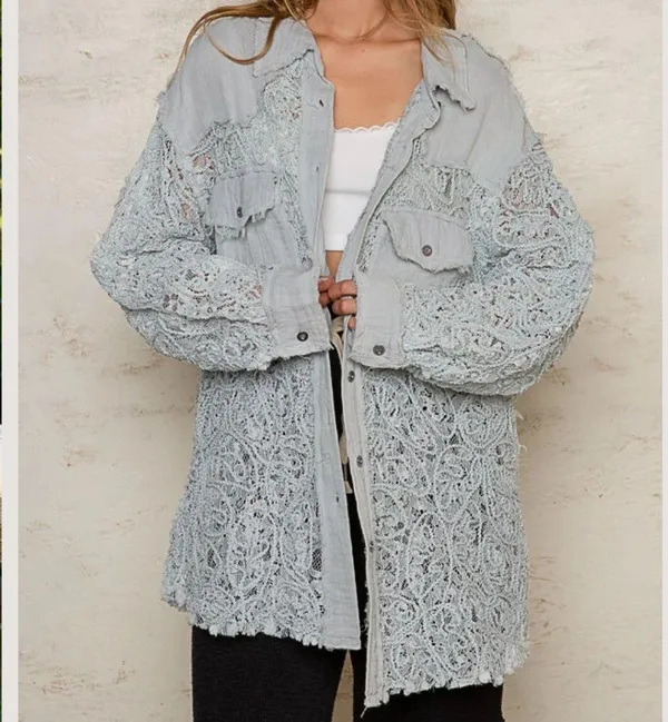 POL Oversized Lace Gauze Button Down Shirt Top Size Large - Image 3