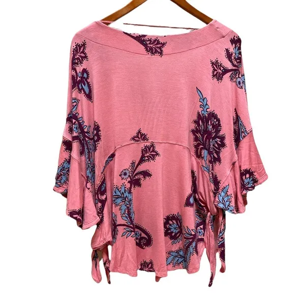 Free People Maui Wowie Pink Paisley Boho Top XS Oversized Flowing Side Ties - Image 6