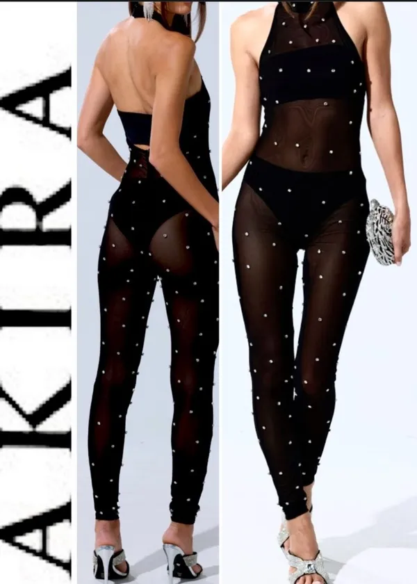 Akira NWT black sexy Alex mock neckline backless Rhinestone Mesh Jumpsuit XL - Image 2