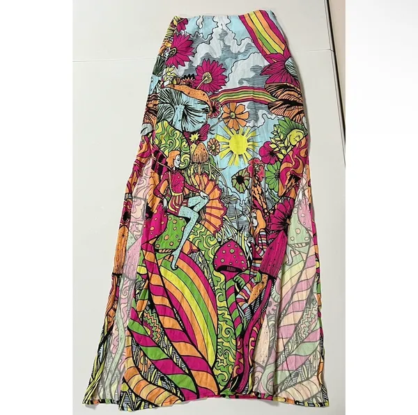 Dolls Kill Current Mood Pink Blue Green Trippy Mushroom Fairy Split-Leg Maxi Skirt Bottoms Size XXS 🍄✨ - Image 3