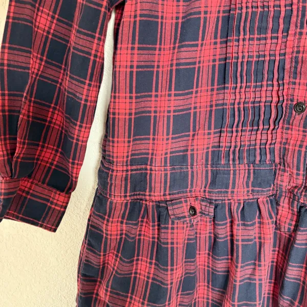 J.Crew Red Navy Plaid Drop Waist Pintuck Pleated Button Front Dress‎ Womens 8 - Image 4