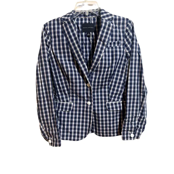 Banana Republic Plaid Blazer Women Small Navy Blue Excellent Cotton Shirt Jacket - Image 2