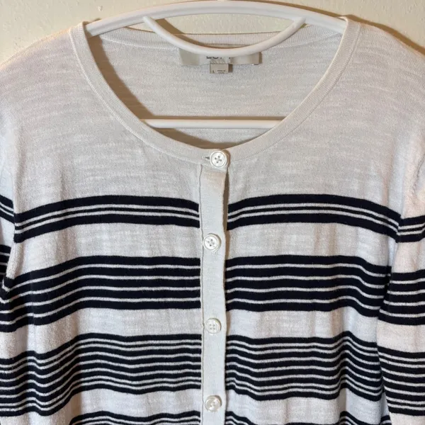 LOFT Striped Button‎ Front Cardigan Sweater Size Large White Navy - Image 2
