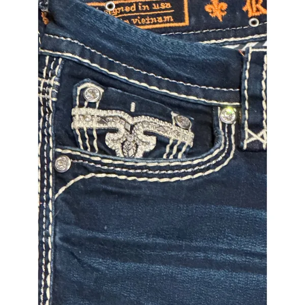 Rock Revival Janelle Bootcut‎ Jeans Dark Wash Low Rise Flap Pockets Bling SZ 28 - Image 9