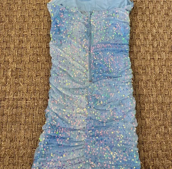 Windsor Light Blue Sequin Mesh Strapless Ruched Bodycon Mini Dress Size M - Image 10