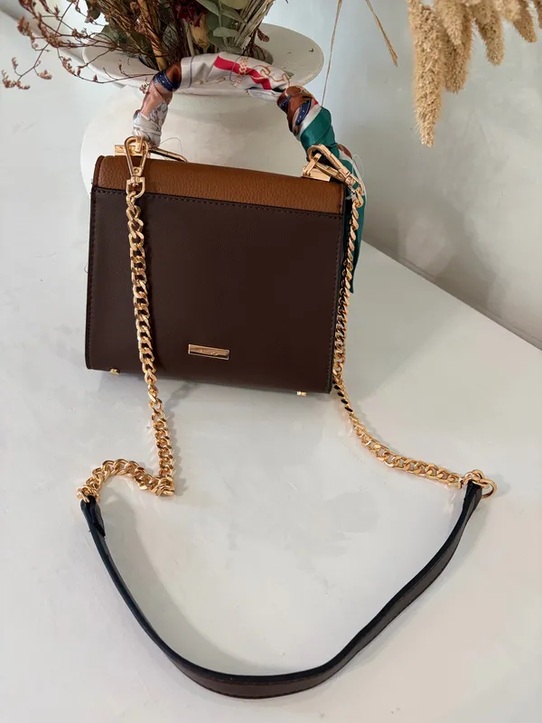ALDO Brown Top Handle Satchel Handbag Scarf Charm Gold Chain Preppy Chic Quiet Luxury - Image 3