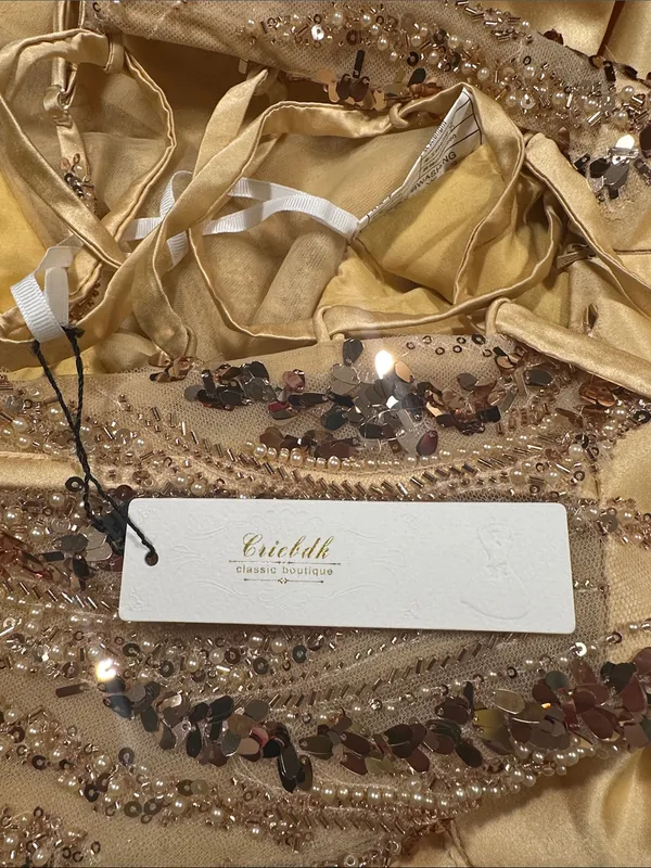 Criebdk Elegant Satin & Sequins Formal Dress Gold Size 8 (See Measurements) NWT - Image 10