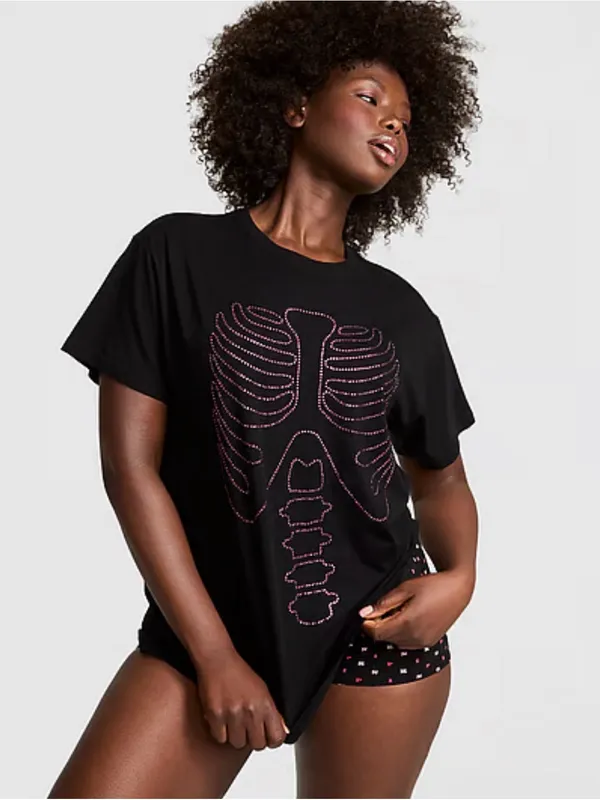 PINK Victoria's Secret Black Tee with Pink Studded Ribcage Graphic L - Image 9