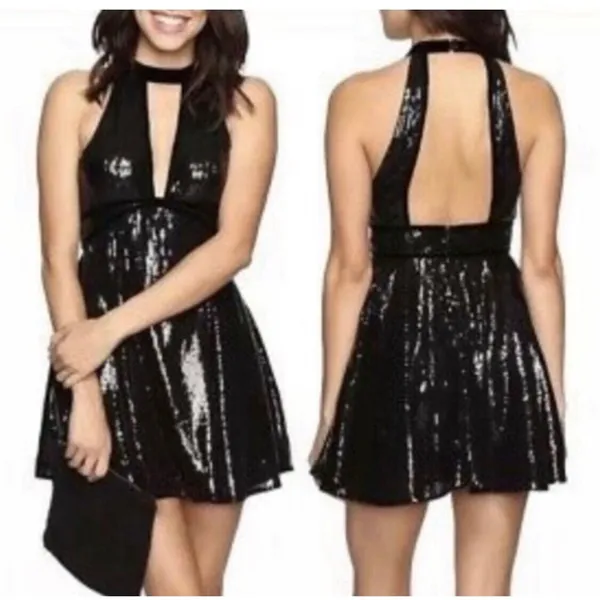 Free People Size 4 Mini Dress‎ Black "Film Noir" Sleeveless Sequins Plunge - Image 4