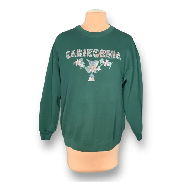Vintage 90s California Hummingbird Floral Hunter‎ Green Crewneck Sweatshirt XL - Image 3