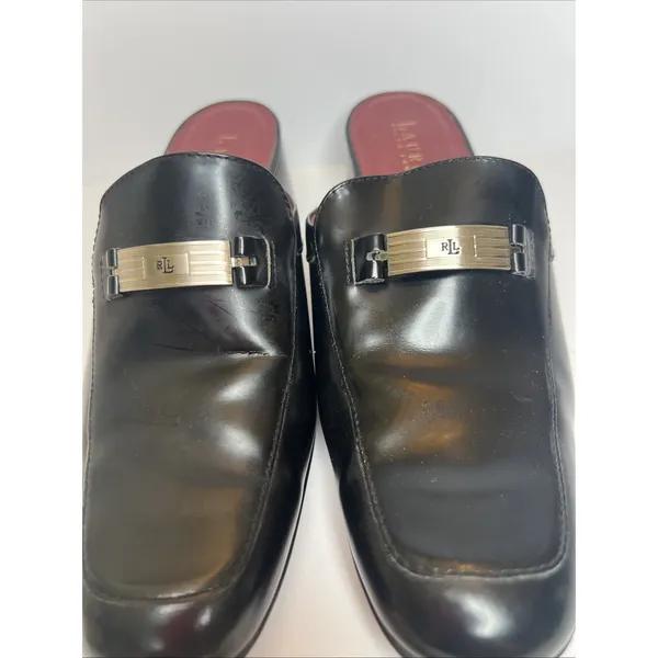 Vintage Lauren Ralph Lauren Black Leather Mule Loafers Heels 8.5B Brazil RLL - Image 8