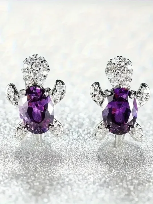 Silver Turtle Stud Earrings with Purple Gemstones - Image 4