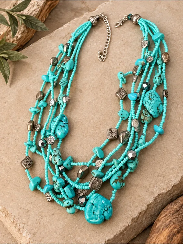 Statement Faux Turquoise Multi Strand Necklace With Silver Accents - Image 2