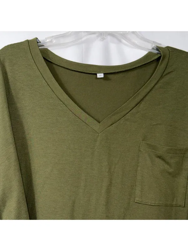 Womens XL Olive Green V Neck Pocket Tee Rolled Sleeve Stretch Casual Oversized T - Image 2