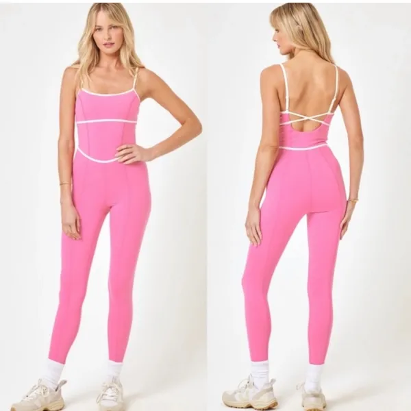 L*Space Ace Jumpsuit Pink Taffy & Cream Sporty Anthropologie Pilates Yoga Small - Image 2
