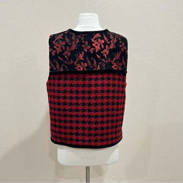 Coldwater Creek Red & Black Jacquard Floral Houndstooth Vest Velvet Trim Large - Image 5