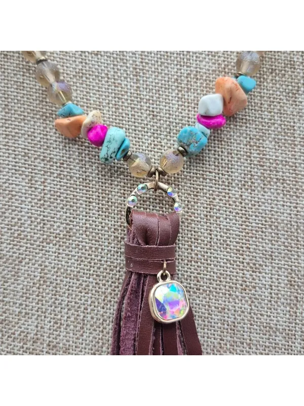 Handmade Bohemian Style Beaded Necklace Colorful Stone & Brown Leather Tassel Pendant 32" - Image 9