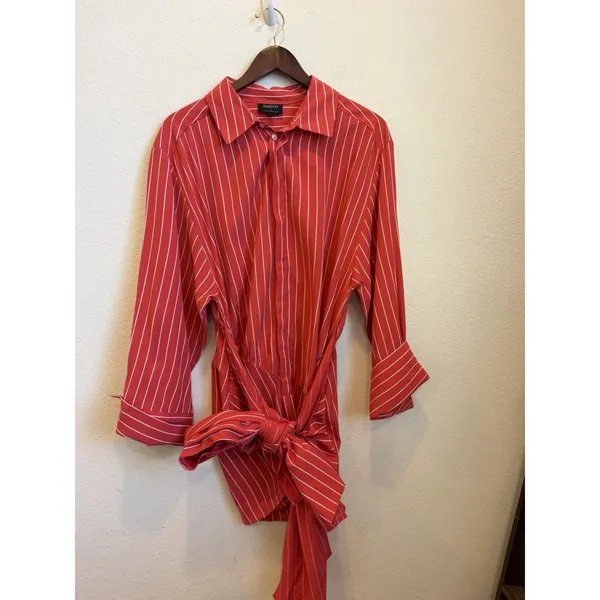 Bardot Malira Mini Shirt Dress US 4 Red White Striped Tie Front Preppy Vacation - Image 4