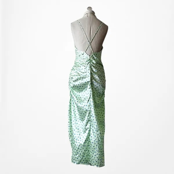 Zara Pastel Green Blue Printed Satin Midi Ruched Side Slit Summer Sundress S - Image 7