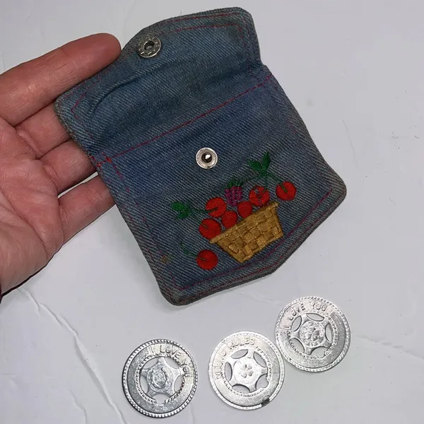 Vintage denim cherry basket coin purse • button pouch • with lucky coins - Image 5