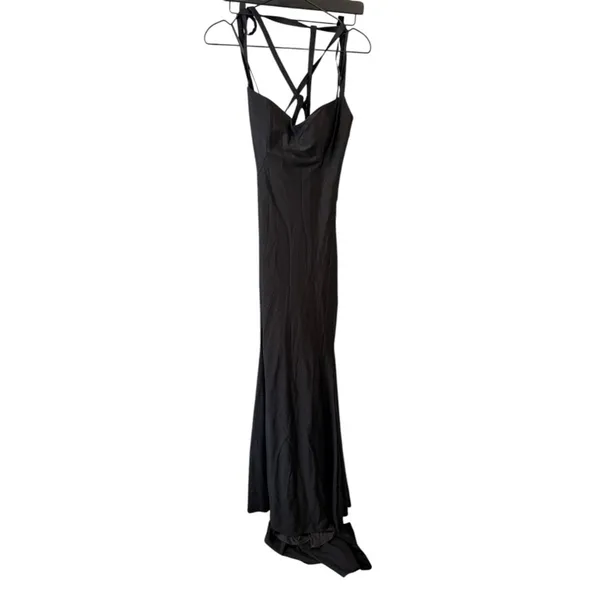 La Femme Lace‎ Up Back Jersey Mermaid Gown Black 8 - Image 3