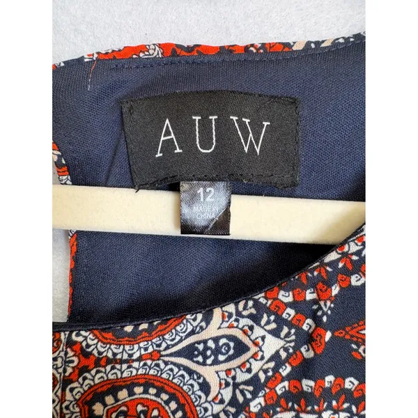 AUW Cold Shoulder Shift Dress Size 12 Navy Orange Paisley Boho 3/4 Sleeve 459477 - Image 7
