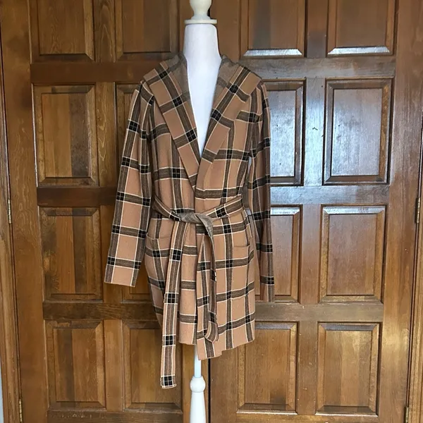 Tahari Plaid Hooded Belted Cardigan Coat Coatigan Tan‎ Black Medium M Jacket - Image 3